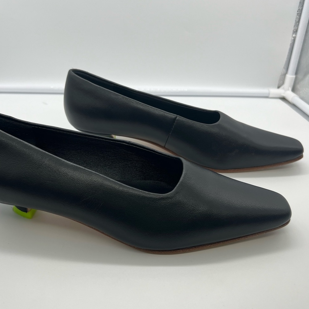 MIISTA Black Leather Square Toe Slip On Kitten Heels Pumps Flats sz 38